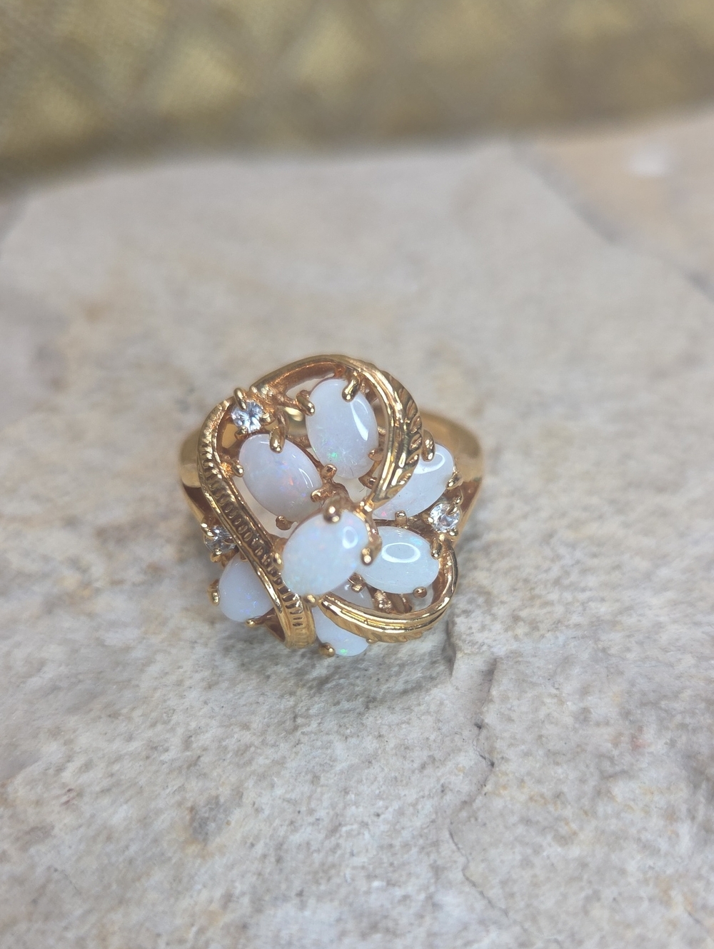Vintage 12K Gold Filled Opal Cluster Ring - White Opal Floral Design 8